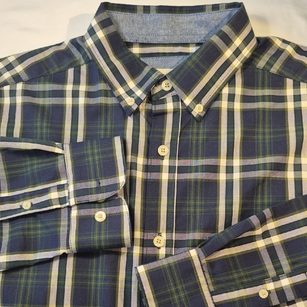 Haggar Navy Green And White Plaid Button Down Long Sleeve Mens Dress Shirt